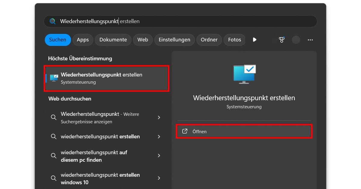 Suche nach Windows 11 Wiederherstellungspunkt erstellen