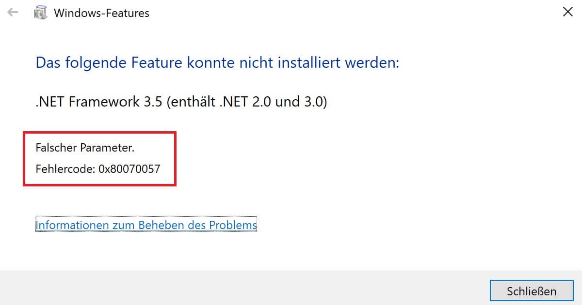 Falscher Parameter – Fehlercode 0x80070057 bei Windows-Features