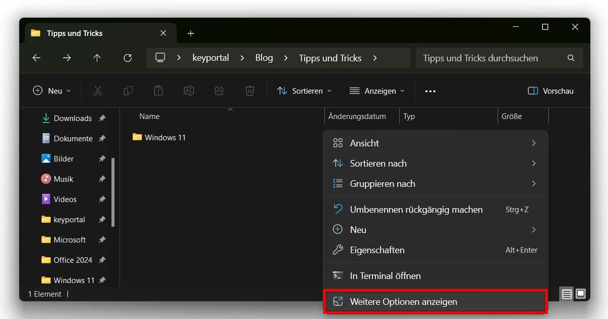 Vorübergehend Windows 11 altes Kontextmenü wiederherstellen