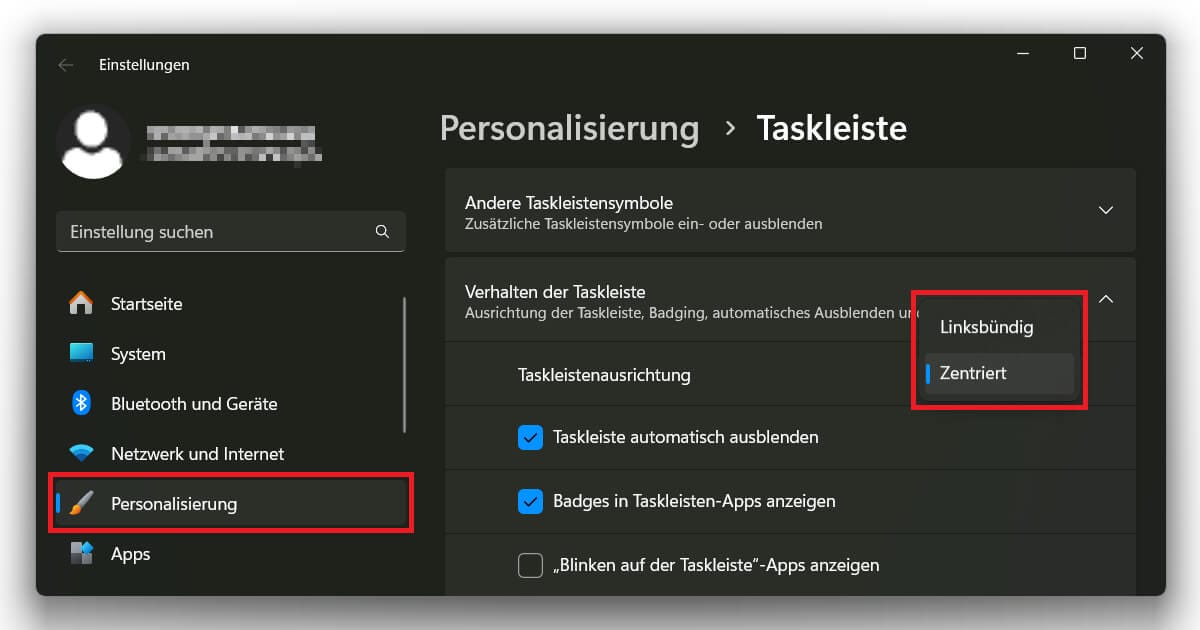 Statt zentriert die Windows 11 Taskleiste links, rechts oder oben