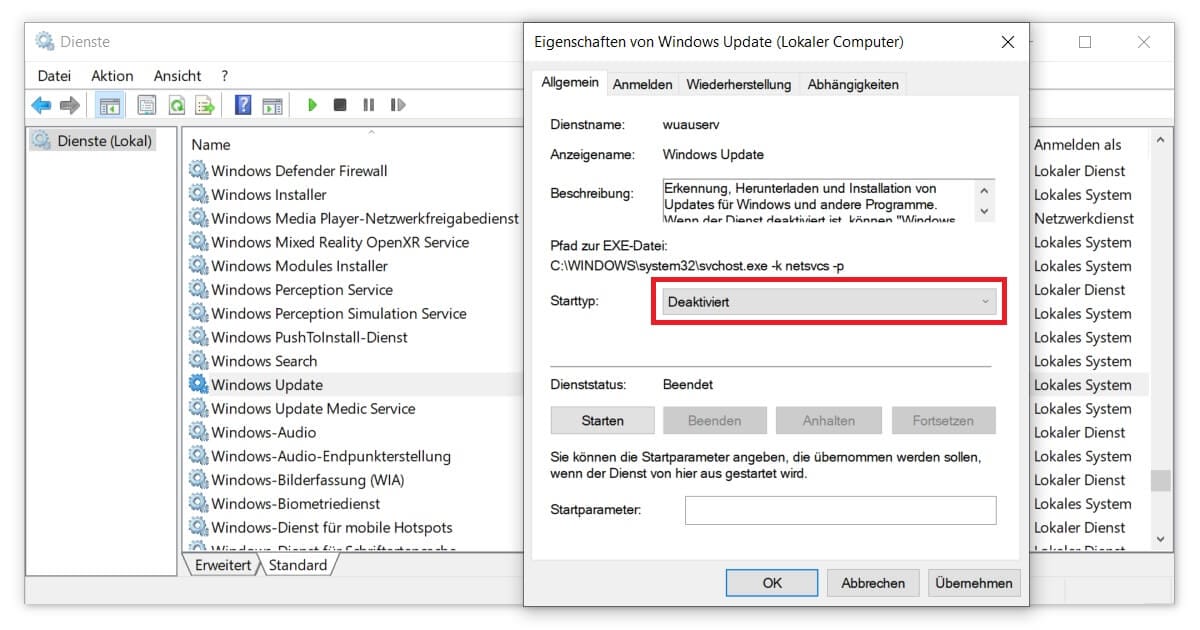 Über die lokalen Dienste automatische Updates deaktivieren