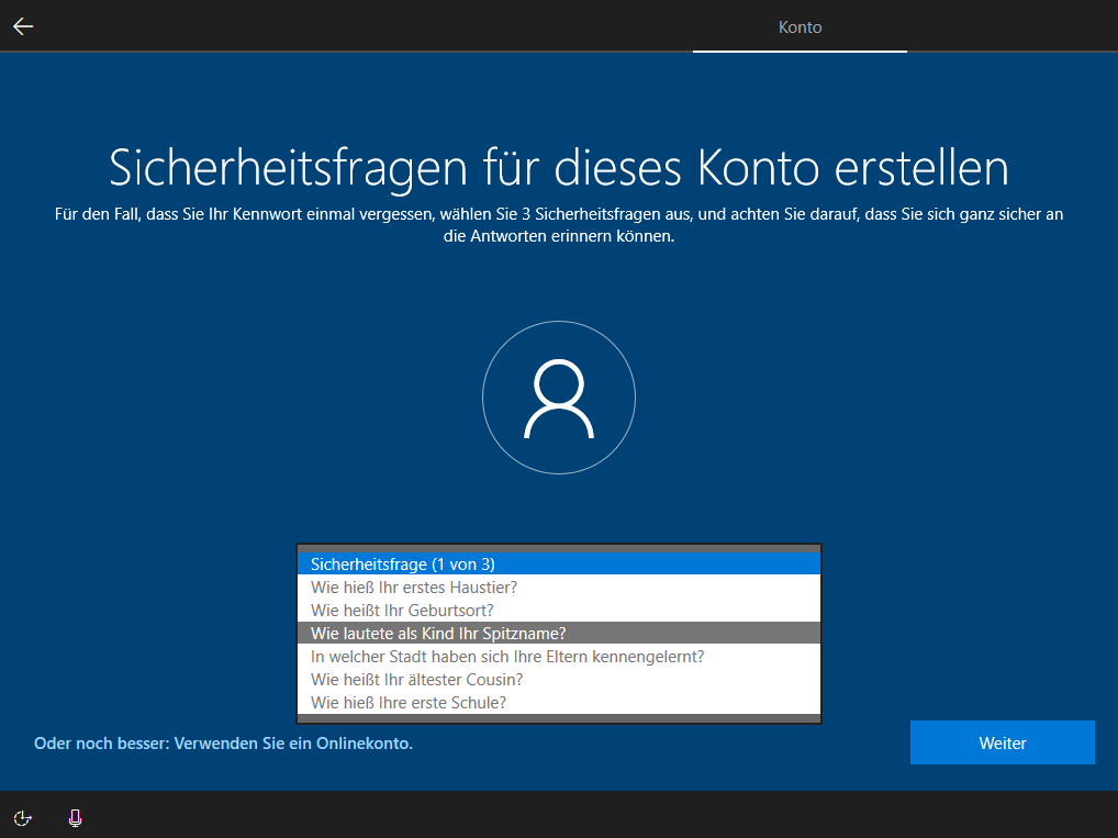 Sicherheitsfragen erstellen gesetzt den Fall, du wirst dein Windows Passwort vergessen