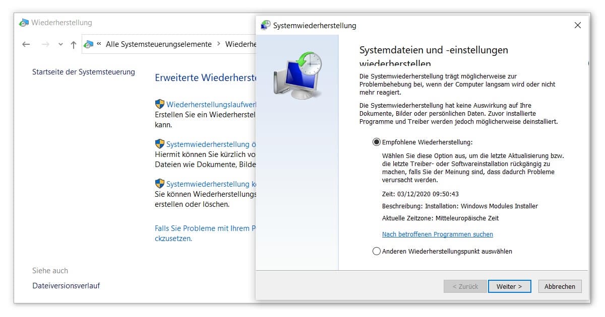 Windows Reparatur ohne Neuinstallation mittels Systemwiederherstellung