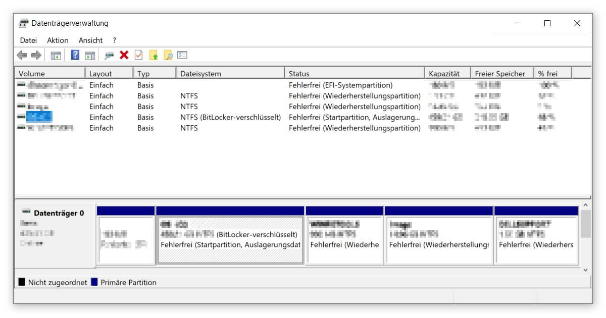Windows 10 Datenträgerverwaltung mit fünf Laufwerken