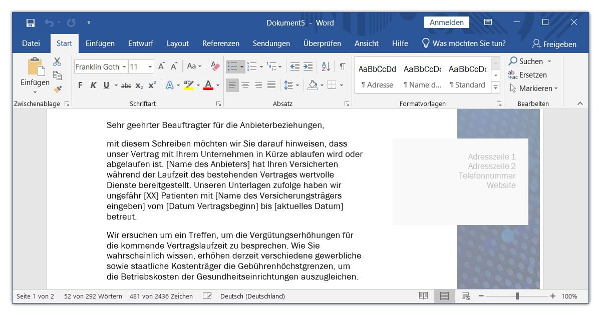 Word Briefvorlage bei Vertragsende einer Versicherung