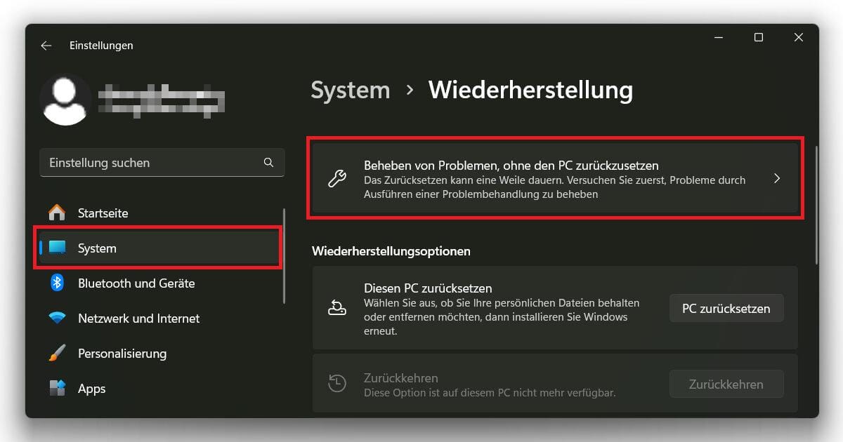 Beheben von Problemen, ohne Windows 11 zurücksetzen