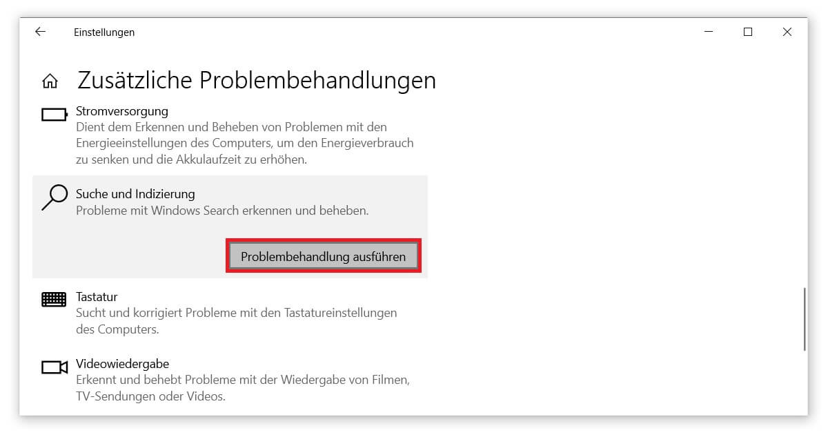 Problembehandlung von Windows 10 ausführen und Suche reparieren