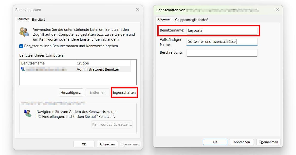 In den Eigenschaften deinen Windows 11 Benutzernamen ändern