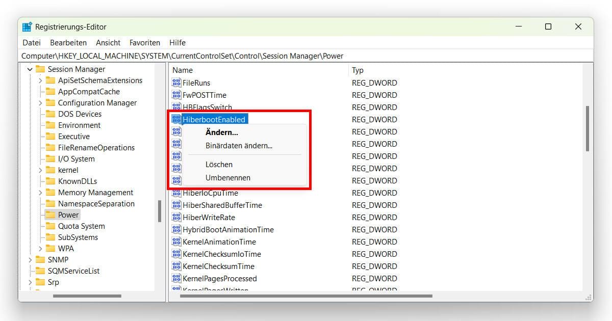 In der Registry Windows 11 Fast Boot deaktivieren